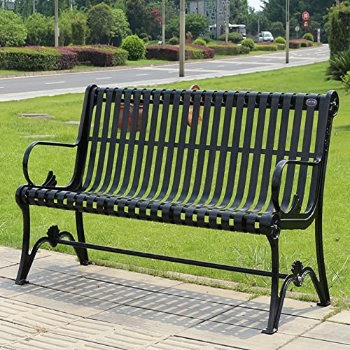 3 Person Outdoor Garden Bench with Backrest and Armrests Cast Iron Park Bench for Patio Black Metal Leisure Seat for Porch Balcony (150cm)