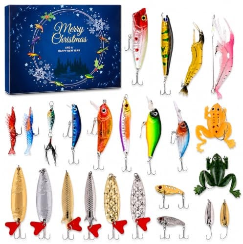 24 Tage Angeln Köder Set, Angelköder Set, Angel Weihnachts Adventskalender 2025, Angelköder Weihnachts Countdown Kalender, Angeln Köder Set Adventskalender für Fischer Erwachsene Teenager Jungen