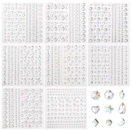 Naler 8 Blätter Glitzersteine selbstklebend, verschiedene Formen, Strasssteine Aufkleber für Make-up, Gesicht, Juwelen, Nagel-Edelsteine, Bauch, Körper Dekorationen, Urlaubszubehör, Handy-Kleidung