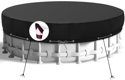 HIGHTQURO Bâche de piscine ronde de 5,5 m avec clous de sol et cordes coupe-vent pour augmenter la stabilité, imperméable et résistante à la poussière, noire