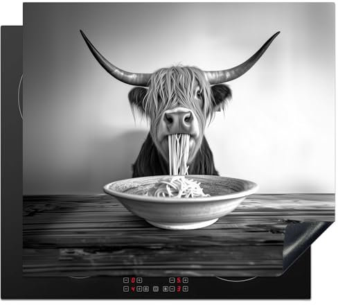 KitchenYeah© Herdabdeckplatte 60x52 cm Einteilig Ceranfeld Abdeckplatte Küche Deko Ceranfeldabdeckung Herdabdeckung Induktionsmatte Schottische Hochlandrind - Spaghetti - Schwarz und weiß