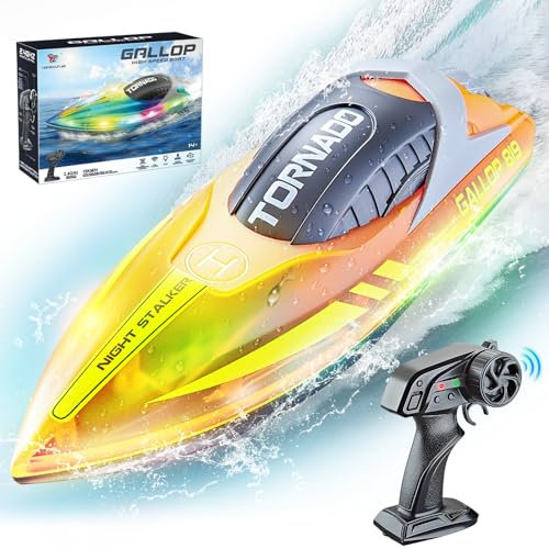 JONRRYIN Ferngesteuertes Boot, RC Boot mit LED-Licht für Pools und Seen, 2,4 GHz Ferngesteuerte Boote RC Rennboot, Speedboot Poolspielzeug für Kinder und Erwachsene (Orange)