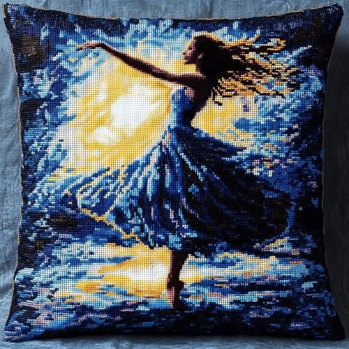 Rqwybcaxn DIY-Nadelstich-Kissenset im Querformat,Tanzendes Mädchen,Kreuzstich-Kissenset,Stickset,45x45 cm,bedruckte Leinwand
