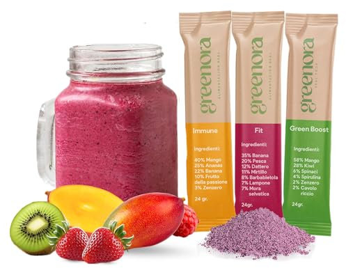 GREENORA Smoothie Végétalien Poudre de Fruits Lyophilisés 100% Naturelle. Déshydratée. Fraise Pomme Gingembre Mangue Betterave Spiruline. Sans Sucre Ajouté 9x24g