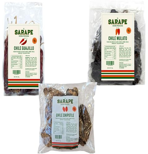 Pack de Chiles Secos Mexicanos El Sarape by Universabor 🌶️ | 100g Chile Mulato + 100g Chipotle + 100g Guajillo | Auténtico Sabor de México 🇲🇽