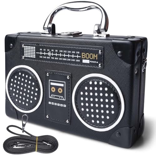 BAIFULAI Borsa a tracolla a forma di radio vintage, 19 x 12 x 5 cm, in poliuretano, retro obliquo, borsa a tracolla da donna, per feste in discoteca anni '80 anni '90, Nero