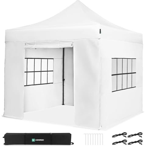 VONROC Tente Easy-Up - 3x3 m – Pliante - Design Modulaire : Auvent, Tonelle, Chapiteau - avec Parois Latérales - Imperméable – Cadre en Acier - Protection UV 50+ - Blanc - Sac de Rangement Inclus