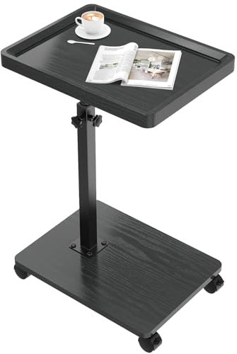 johgee Beistelltisch Holz mit Rollen, Höhenverstellbar (49-82cm), Beistelltisch C Form, Horizontal 360° drehbare Tischplatte, 40 x 30 cm, Beistelltische fürs Wohnzimmer, Sofas, Hölzernes, Schwarzer