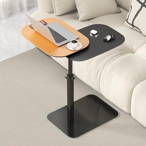 Adjustable Height C Shaped Side Table, 360°Swivel Bedside Table, Double Tabletop Laptop TV Tray Table Narrow End Table for Sofa/Bed, Lifting Coffee Snack Tables for Living Room Bedroom (orange)