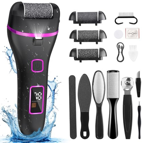 Wolady Rapeuse Pieds Electrique, 14 en 1 Kit de Pédicure Anti-callosités, Ponceuse Pied Rechargeable 1200 mAh, Rappe Pieds Pédicure Étanche IPX4, 2 Vitesses 3 Têtes Rouleaux et Lumière LED (Noir)