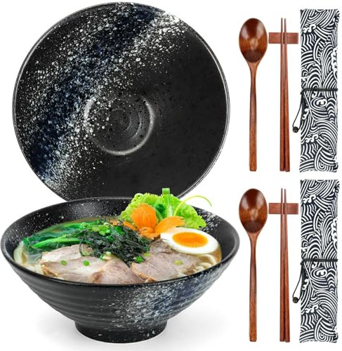 2 Set Ceramic Ramen Bowl - Japanese Noodle Bowls with Chopsticks & Spoons for Soup Ramen Pasta Fruit Salad Rice Food - 1050 ML, Microwave Safe, 20CM - Housewarming Gifts for New Home (Midnight Blue)