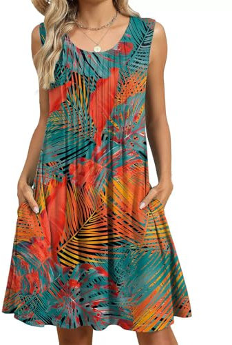 PICKLION Women's Summer Boho Dress Ladies Floral Sleeveless Tank Beach Midi Dresses with Pockets FloralOrangee 2XL