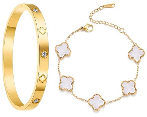 aeathu 2 Stück Vierblättriges Kleeblatt Armband, Armband Kleeblatt Gold Adjustable Glücksarmband Cubic Zirkonia Gold Armreif Vergoldeter Armreif, für Hochzeit Geburtstag Glücksschmuck Geschenk
