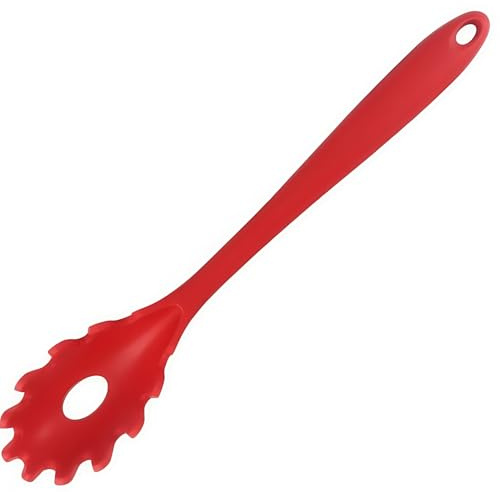 GUDGI Spaghetti Spoon Set with Non-Slip Silicone Teeth, 12-Inch Spoon and 9.8-Inch Tongs, Heat Resistant Kitchen Utensils with Storage Holes, Dishwasher Safe (red)