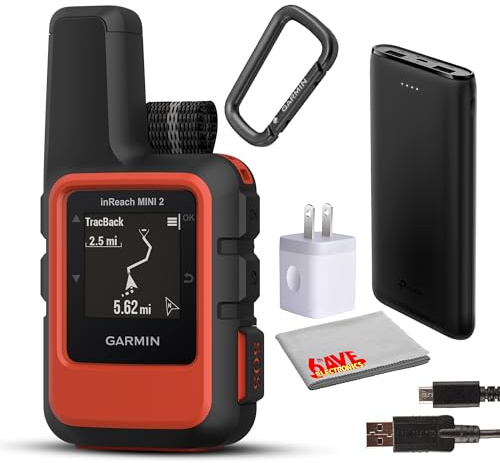 Garmin inReach Mini 2 Compact Satellite Communicator, Lightweight Rugged Design, Portable GPS Handheld for Hiking, Two-Way Text Messaging Device Bundle with Accessories (Flame Red)