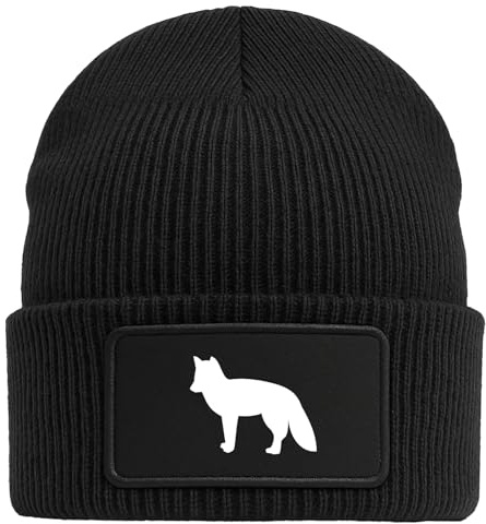 Huuraa Beanie Fuchs Silhouette Geschenk | Black Geschenkidee Schwarze Rippstrick Wintermütze mit austauschbarem Klett Patch