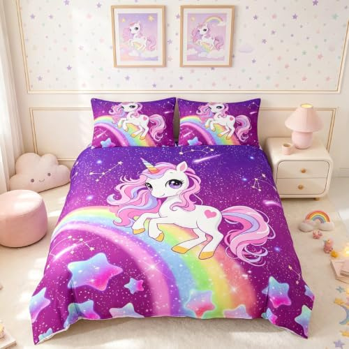 Homemissing Mädchen Einhorn Bettwäsche Set 135x200cm Kinder Cute Dreamy Pferd Bettwäsche für Kleinkind Regenbogen Umkehrbare Sterne Bettwäsche-Set Stern Druck Lila Bettbezug Set Zimmer Dekor