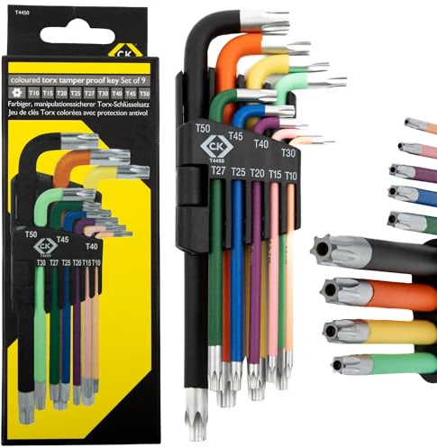 C.K Torx-Schlüsselset 9 Stk, Manipulationssicher, T10–T50, Stern-Sechskant-Inbusschlüsselsatz, Farbcodierte Rutschfeste Schäfte, Manipulationssicherer Torx-Schlüsselsatz, CK T4450