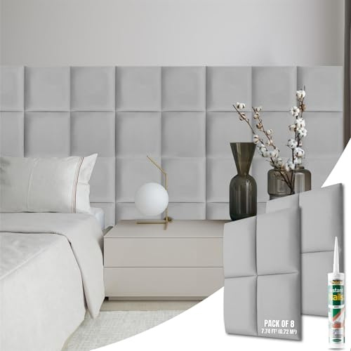 NOVECRAFTO Velvet Padded Wall Panels Set of 8 - Grey Upholstered Anti-Collision Panels with Adhesive - H11.8 x W11.8 (30x30cm) Cushioned Paneling for Beds, Kids Room, Hallways & Feature Walls
