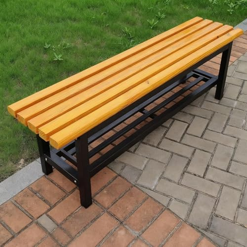 ZUGIATP Gartenbank Mit Ablagefunktion Terrassenbank Holz + Stahl Parkbank Geeignet Für Terrasse Eingang Vorderveranda Wintergarten(Yellow Shoe Rack,120cm/47in)