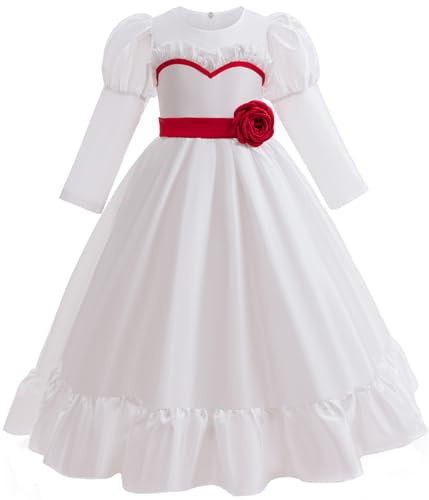 Kolegrial Mädchen Annabelle Kostüm Cosplay Horror Puppen Annabelle Gothic Vintage Weiß Langarm Abendkleid und Perücke für Karneval Halloween Party Maskenball Fest Ballkleid Verkleidung, 3-10 Jahre