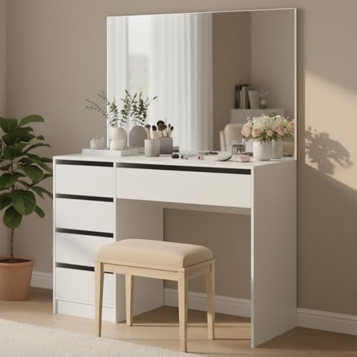 Bellamio Nore Schminktisch – Kosmetiktisch mit großem Spiegel 110x70 cm – Frisiertisch inkl. 5 Schubladen in weiß – großer Make Up Tisch – HD-Spiegelglas – Vanity Table 110x77x53 cm (BxHxT)
