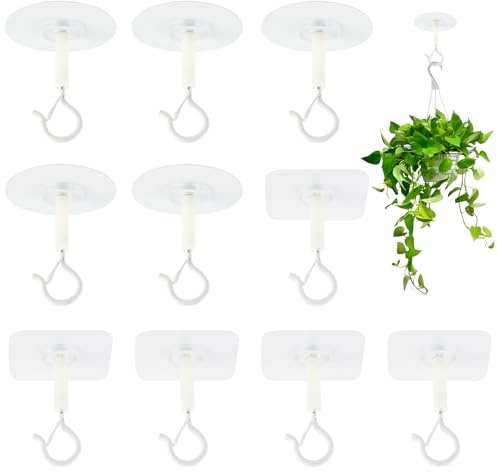 RoxNvm Crochet Adhésif Plafond, 10 Crochet Plafond Sans Percer avec Crochets en Acier Inoxydable, Accroche Murale Sans Percer, Fixation Plafond, pour Suspendre des Plantes et des Pots de Fleurs