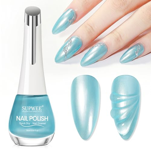 SUPWEE Pearl Nail Varnish Quick Dry, Blue Pearlescent Nail Polish 16ML | Summer Shimmer Lacquer, Active Gloss No UV Lamp Needed, Even Coverage Large Capactiy for Female