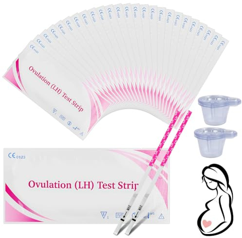 Beugo 25 Stück Ovulationstest Streifen mit 25 Urin Tassen | Ovolationsteststreifen für Eisprung 25 miu/ml Sensitivität, Ovulation Tests (25 Stück Ovulationstest+25 Urin Tassen)