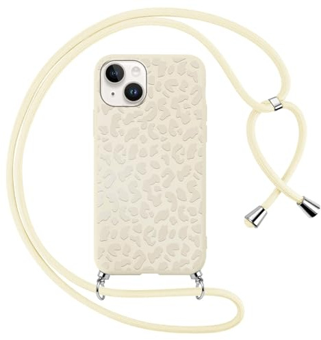Foonary Handyband Leopard Hülle mit Band für iPhone 14/iPhone 13 Handyhülle, Aesthetic Weiß Design Kette Necklace Case mit Kordel zum Umhängen Silikon Schutzhülle Cover Schnur für iPhone 13 6,1