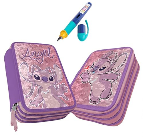 PASO - Federmäppchen 3 Fächer - Mäppchen für Mädchen - Federmappe 3-Fach Federtasche Gefüllte Schüleretui Schulmäppchen und Füller - Stitch Wendepailletten