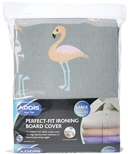 Addis Grande Préfet Fit de Remplacement Housse de Planche à Repasser, jusqu'à 135 x 46 cm, Argent Motif Flamant Rose, Coton, Argent, 5 x 24 x 30 cm