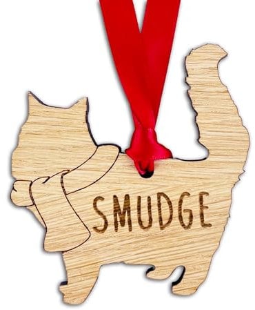 Personalised Cat Christmas Tree Decoration: Oak Veneer or White Wood: Design 2 - Personalise with any Name! (Oak Veneer Wood, Decoration Only)