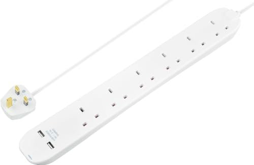 Masterplug 6 Gang Extension Lead with 2 x USB Charging Sockets, 1 Metre, White