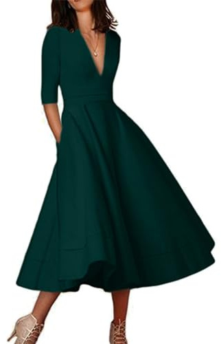 Yming Frauen Cocktail Elegant Tief V-Ausschnitt Kleid Hohe Taille Vintage Midi Swing Kleid
