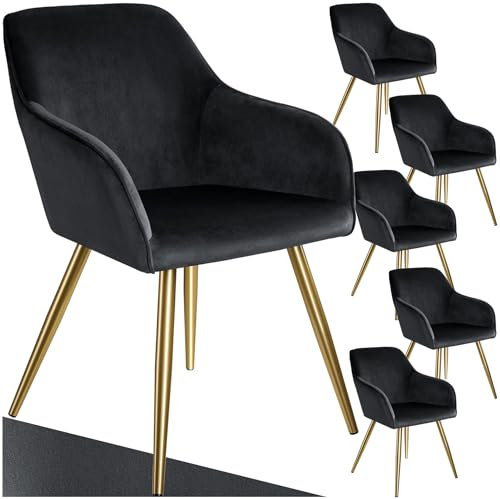 TecTake® Lot de 6 Chaises de Salle à Manger Rembourrées Modernes - Fauteuil Salon Velours Scandinave Avec Accoudoirs - Pieds en Acier Doré Élégant - Pour Coiffeuse, Chambre