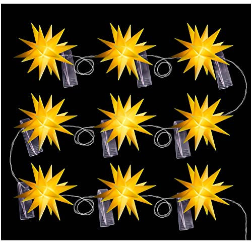 Novaliv Weihnachtsstern Dekostern | 8cm Sterne 8m Länge | 9er Sternenkette GELB | Innen und Aussen | LED mit Schuko Stecker | Weihnachtsdeko Stern beleuchtet
