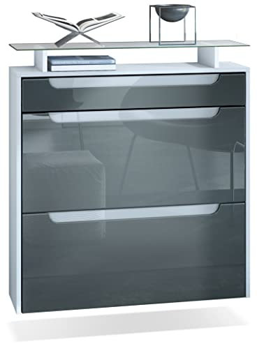 Vladon Schuhschrank Annie, Schuhkipper für 16 Paar Schuhe mit 2 Klappen, 1 Schublade und Glasablage, Weiß matt/Grau Hochglanz, Griffmulden in Weiß Hochglanz (89 x 96 x 23 cm)