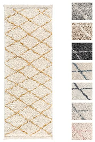 TESSO LIVING Hochflor Teppich Laufer 80 x 200 Weiss Gelb Diamantmuster, Super Soft Moderner Shaggy Teppich