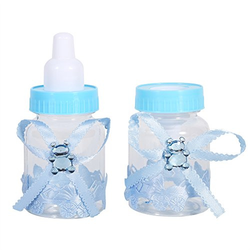 Hztyyier 50 Stück Babyflasche Pralinenschachtel Kunststoff Partygeschenke Milchflaschen für Partybevorzugungen Geschenke Babyparty (Blau)