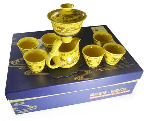 ZHCHSH Gaiwan Teetasse Chinesischer Drache Gongfu Teeservice Gelbe Glasur Porzellan Geschenkbox Luck Happy (Gelber Drache)