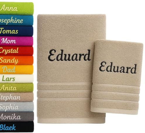 Pet-Jos 2er Pack Personalisiertes Handtuch und Badetuch mit Namen Schön gestickter Name Handbadetuch 100 % Baumwollhandtuch 50 x cm + 140 70 Personalized Custom Towel with (Dunkelbeige)