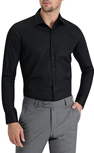 kiğili KIGILI Men's Non-Iron Dress Shirts - Formal Classic Collar Slim Fit Long Sleeve Wrinkle-Resistant Smart Shirt s Deep Black (Size: XS-14.4 Neck)