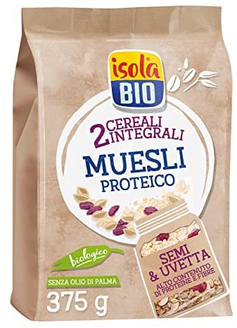 Isola Bio Muesli Proteico Biologico con Semi e Uvetta, Ricco di Fibre e Proteine, 100% Ingredienti Naturali, Senza Zuccheri Aggiunti, per Vegani e Vegetariani, Formato 375 gr