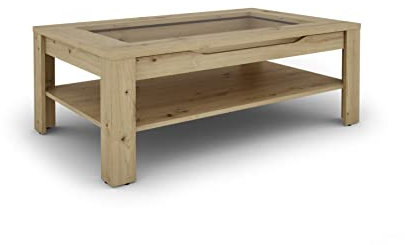 byLIVING Couchtisch Ralph/moderner Sofatisch mit Glaseinlage und großzügiger Schublade in Eiche-Optik/Beistelltisch mit viel Stauraum/B 110, H 43, T 67 cm