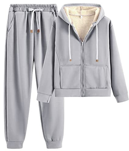 amropi Tuta da Donna Vello Foderato Cappotto con Cappuccio e Pantaloni Inverno Caldo Jogging Tute Grigio,L