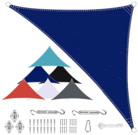 Sonnensegel Wasserdicht Dreieckigig 4x4x4m aus PES-Polyester 95% UV-Schutz Witterungsbeständig Reißfest Viele Größen und Farben mit Befestigungsset für Terrasse Garten, Blau