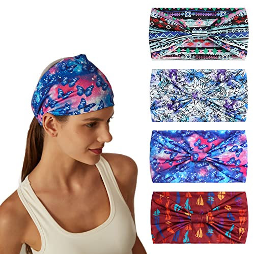 4Stück Stirnbänder für Frauen Breite verknotete Turban Bandana Boho Kopftücher Wraps Yoga Haarbänder Stoff elastische Stirnband Sport Laufen Kopftücher