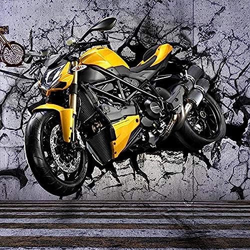 XLMING Murale 3D Tridimensionnel Jaune Moto Mur Cassé Peinture Décorative Salon Salle À Manger Café Fond D’Écran Papier Peint 3D Salon Tv Salle De Séjour Chambre À Coucher Mural Enfant-250cm×170cm
