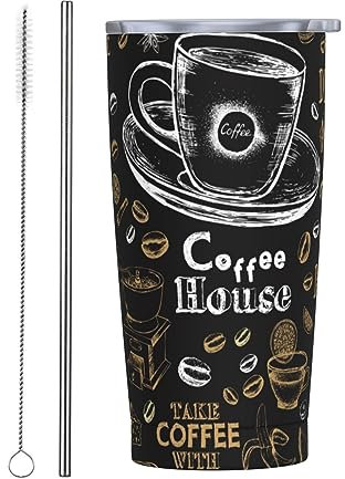 cfpolar Restaurant Cafe Kaffeehaus Menü 20 Unzen Edelstahlbecher, isolierter Edelstahl Reise-Kaffeebecher Becher mit Deckel und Strohhalm, langlebige Kaffeetasse, Wasserflasche für kalte und heiße